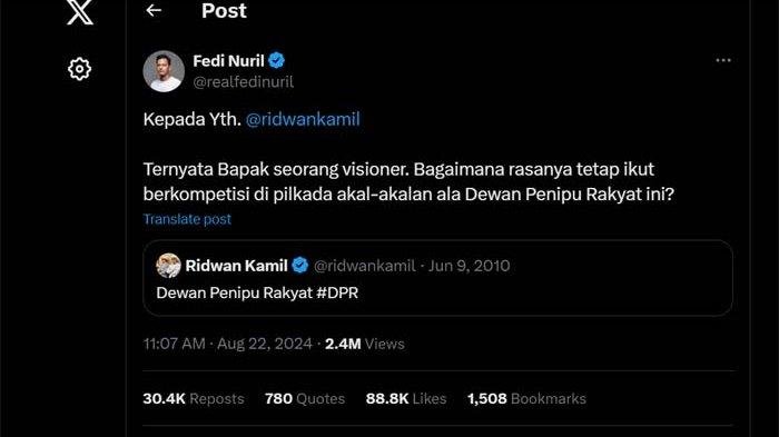 Fedi Nuril Senggol Ridwan Kamil Lewat Cuitan Lawas Dewan Penipu Rakyat