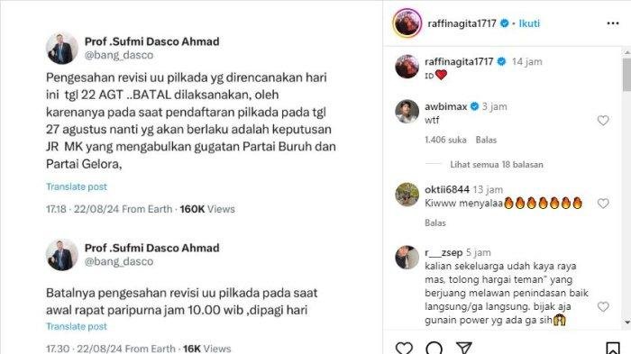 Unggah Tangkapan Layar Batalnya Pengesahan RUU Pilkada, Raffi Ahmad Panen Kritik